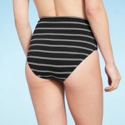 Women's Ribbed High Waist Bikini Bottom - Shade & Shore™ Black Striped