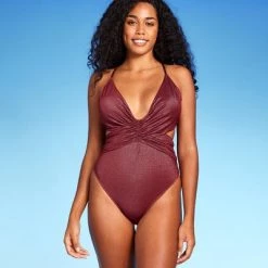 Women's Monokini Plunge Cut Out High Leg Lurex One Piece Swimsuit - Shade & Shore™ Burgundy -Shade & Shore Sales Shop GUEST 3674a4be ee75 4c78 8a35 26413a44713c 2