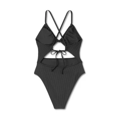 Women's Ribbed Plunge Front Cut Out One Piece Swimsuit - Shade & Shore™ Black 5 Women's Ribbed Plunge Front Cut Out One Piece Swimsuit - Shade & Shore™ Black - Image 5