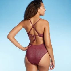 Women's Monokini Plunge Cut Out High Leg Lurex One Piece Swimsuit - Shade & Shore™ Burgundy