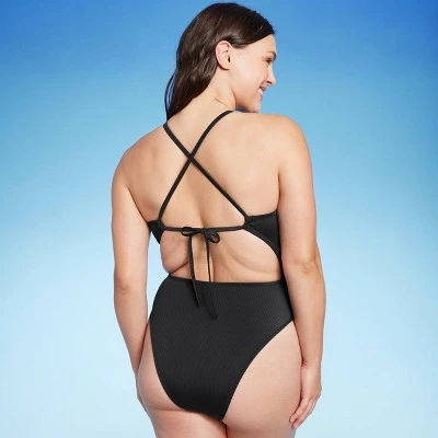 Women's Ribbed Plunge Front Cut Out One Piece Swimsuit - Shade & Shore™ Black 3 Women's Ribbed Plunge Front Cut Out One Piece Swimsuit - Shade & Shore™ Black - Image 3