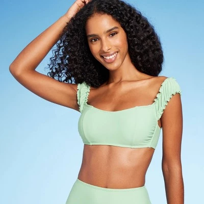 Women's Shirred Off the Shoulder Bralette Lace-Up Bikini Top - Shade & Shore™ Light Green 2 Women's Shirred Off the Shoulder Bralette Lace-Up Bikini Top - Shade & Shore™ Light Green - Image 2