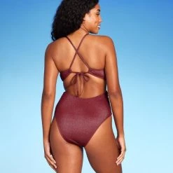 Women's Monokini Plunge Cut Out High Leg Lurex One Piece Swimsuit - Shade & Shore™ Burgundy -Shade & Shore Sales Shop GUEST 7852e233 bb9c 435a 81a1 a6bceca1646e