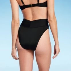 Women's V-Front Mid-Rise High Leg Cheeky Bikini Bottom - Shade & Shore™ Black