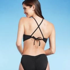 Women's Ribbed Longline V-Wire Bikini Top - Shade & Shore™ Black