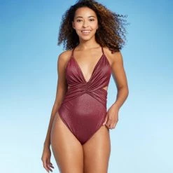 Women's Monokini Plunge Cut Out High Leg Lurex One Piece Swimsuit - Shade & Shore™ Burgundy -Shade & Shore Sales Shop GUEST 90a2b847 f324 4417 b4f8 0f192ba9990e