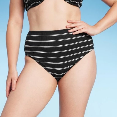 Women's Ribbed High Waist Bikini Bottom - Shade & Shore™ Black Striped 3 Women's Ribbed High Waist Bikini Bottom - Shade & Shore™ Black Striped - Image 3