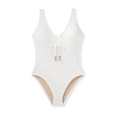Women's Crochet Lace-Up One Piece Swimsuit - Shade & Shore™ Cream 4 Women's Crochet Lace-Up One Piece Swimsuit - Shade & Shore™ Cream - Image 4