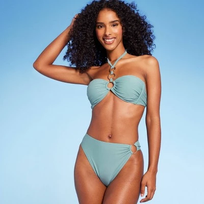 Women's Ring Detail Medium Coverage High Waist Extra High Leg Bikini Bottom - Shade & Shore™ Sage Green 2 Women's Ring Detail Medium Coverage High Waist Extra High Leg Bikini Bottom - Shade & Shore™ Sage Green - Image 2
