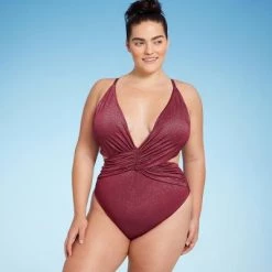Women's Monokini Plunge Cut Out High Leg Lurex One Piece Swimsuit - Shade & Shore™ Burgundy -Shade & Shore Sales Shop GUEST a3f42433 ff19 4ad8 a371 7c5ea285e145 5