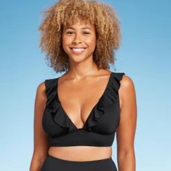 Women's Ruffle V-Neck Longline Triangle Bikini Top - Shade & Shore™ Black -Shade & Shore Sales Shop GUEST ab609a8b 47bd 4558 b5ce f16526b72a08