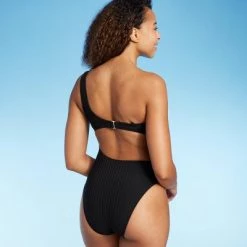 Women's Ribbed One Shoulder Cut Out One Piece Swimsuit - Shade & Shore™ Black
