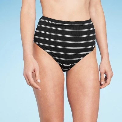 Women's Ribbed High Waist Bikini Bottom - Shade & Shore™ Black Striped 6 Women's Ribbed High Waist Bikini Bottom - Shade & Shore™ Black Striped - Image 6
