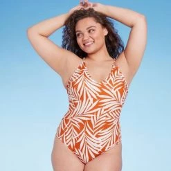 Women's Bead Knot Detail One Piece Swimsuit - Shade & Shore™ Orange Leaf Print -Shade & Shore Sales Shop GUEST b217c81c 6c5d 48b4 8f65 067337e85a46