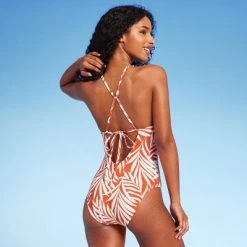 Women's Bead Knot Detail One Piece Swimsuit - Shade & Shore™ Orange Leaf Print