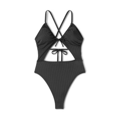 Women's Ribbed Plunge Front Cut Out One Piece Swimsuit - Shade & Shore™ Black 4 Women's Ribbed Plunge Front Cut Out One Piece Swimsuit - Shade & Shore™ Black - Image 4